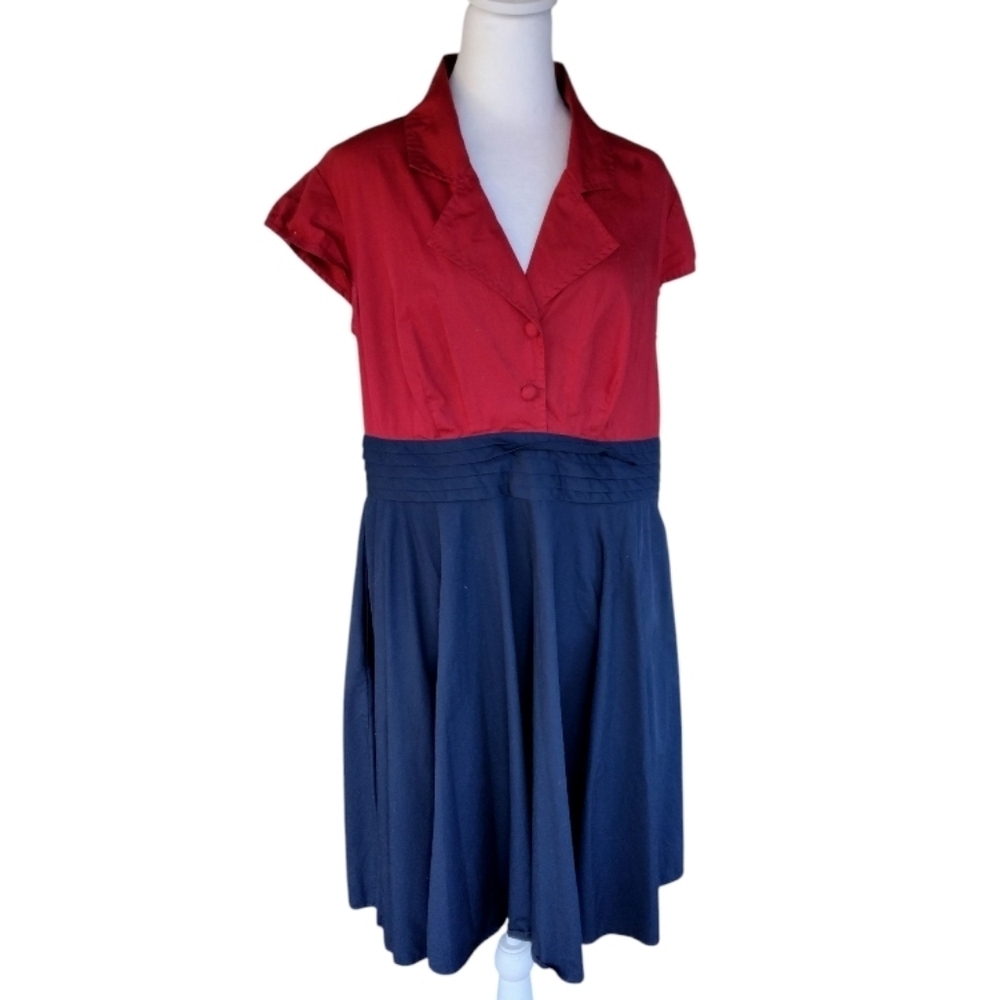Eshakti Red & Blue Nautical Style 100% Cotton Hidden Zip  Midi Dress Size 16W